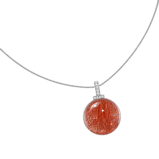 Red Rabbit Hair Quartz interchangeable pendant necklace, angled transparent pendant close-up