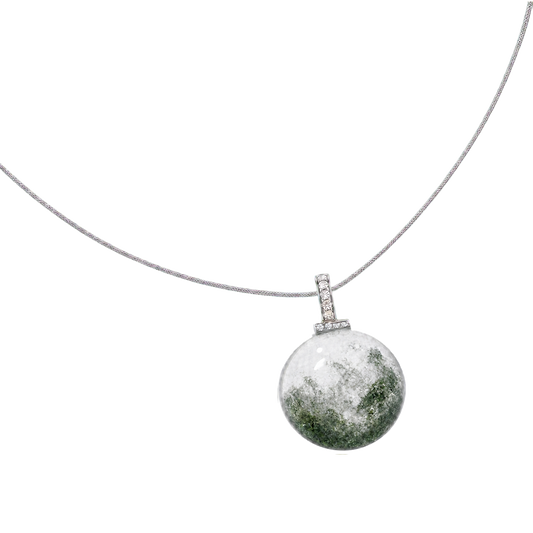 Green Phantom Quartz interchangeable pendant necklace, angled transparent pendant close-up