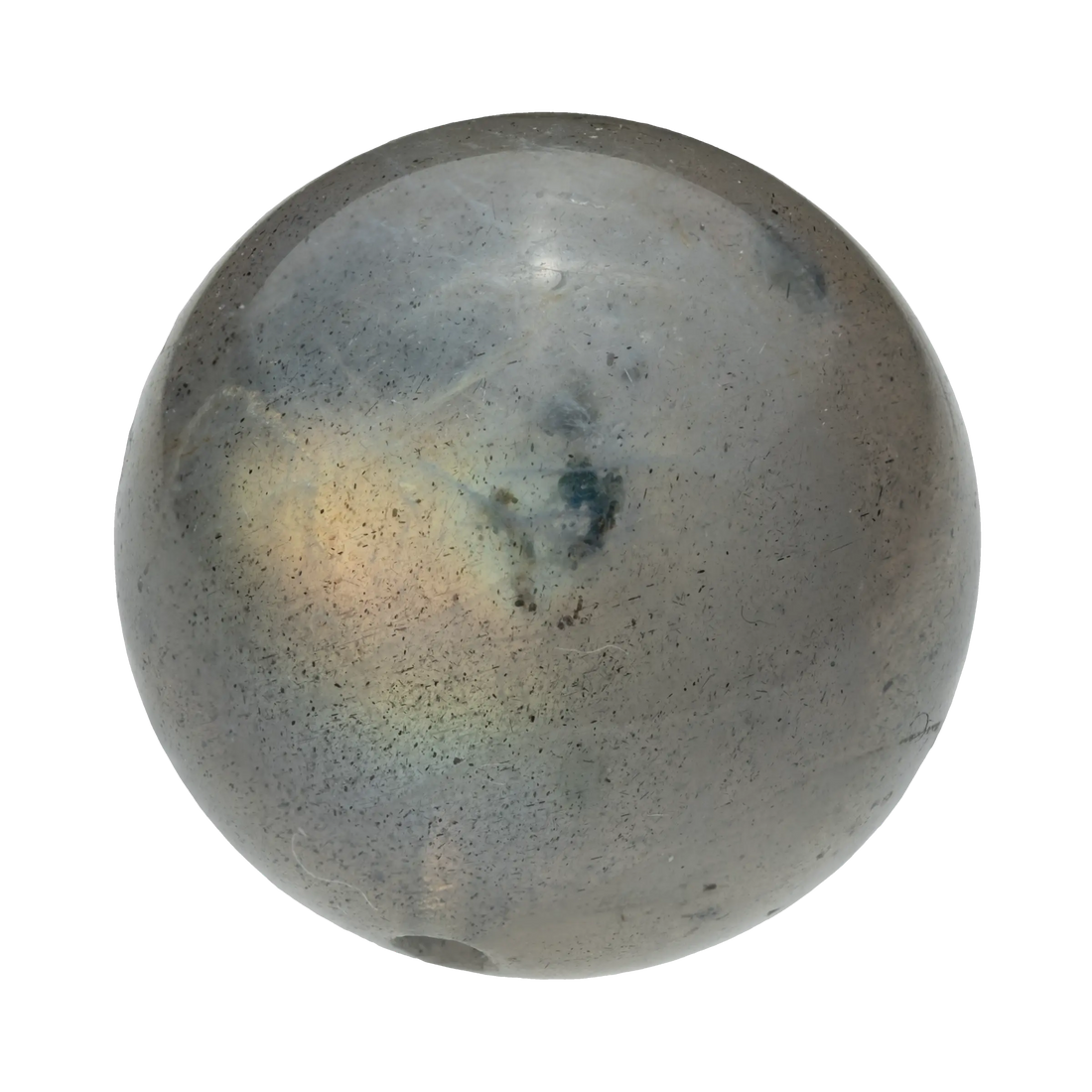 Elegant Gray Moonstone palm stone, displaying a subtle adularescence and smooth, calming surface.