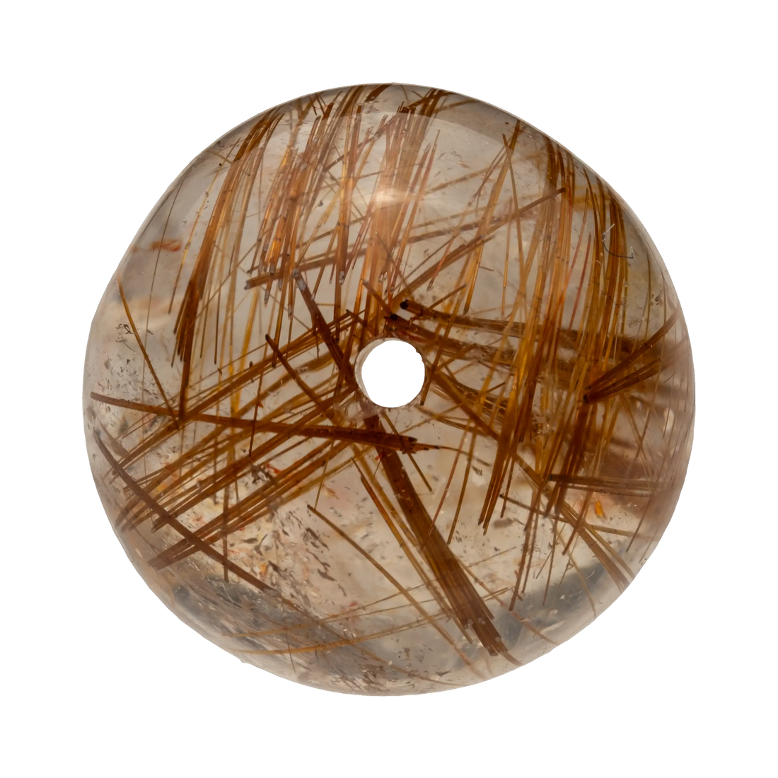 Polished Gold Rutilated Quartz crystal, showcasing intricate golden rutile strands against a clear background.