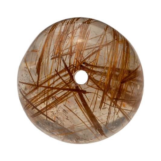 Polished Gold Rutilated Quartz crystal, showcasing intricate golden rutile strands against a clear background.