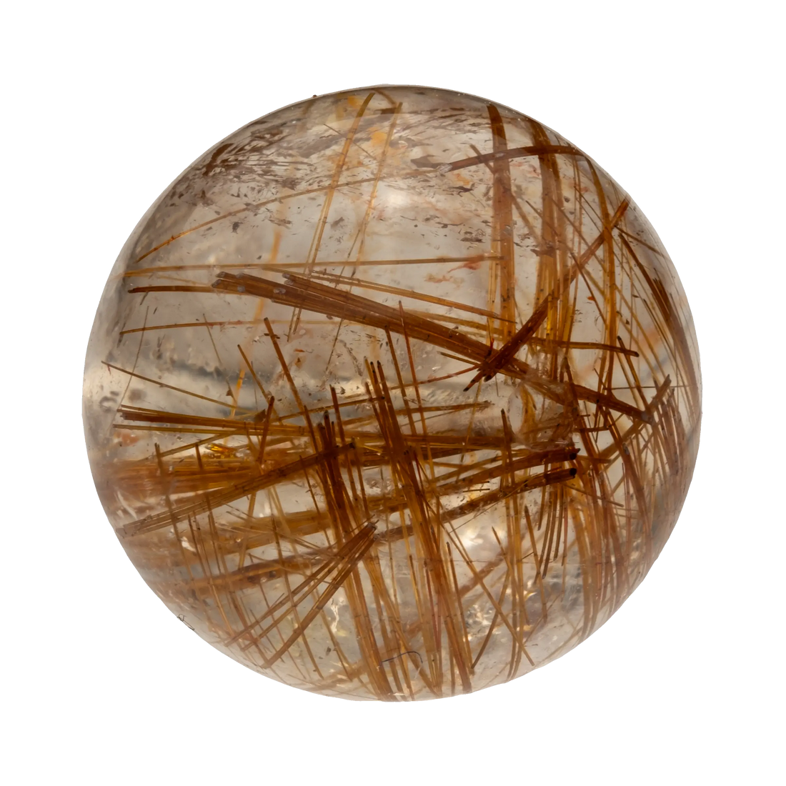 Vibrant Gold Rutilated Quartz sphere, filled with shimmering golden needle inclusions for prosperity.