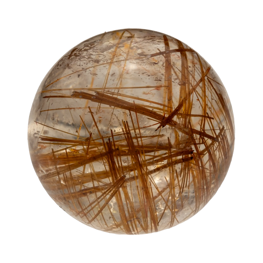 Vibrant Gold Rutilated Quartz sphere, filled with shimmering golden needle inclusions for prosperity.
