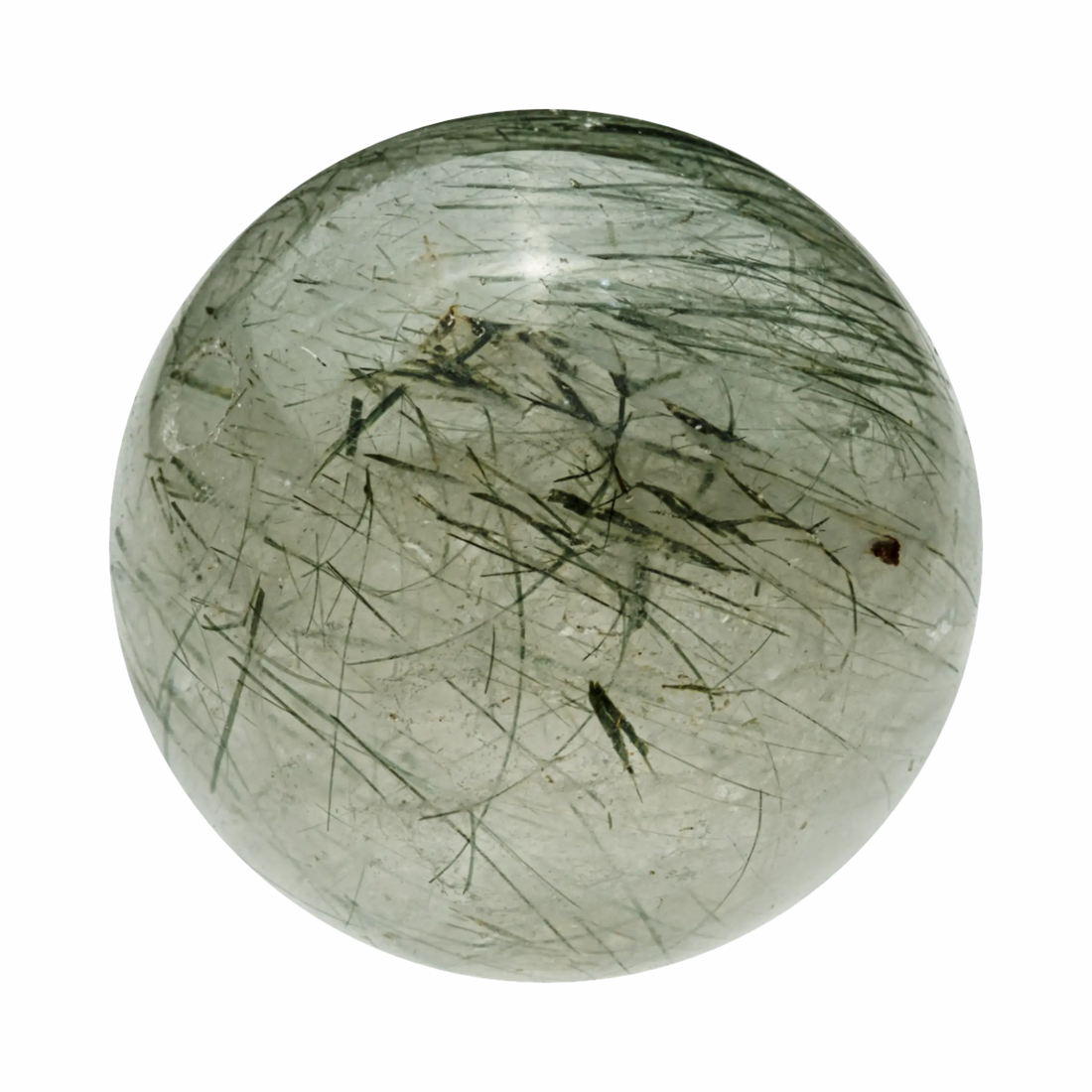 Close-up of a Green Rutilated Quartz crystal, highlighting green needle formations and transparency.