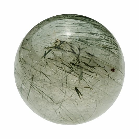 Smooth Green Rutilated Quartz tumbled stone, with visible green rutile inclusions for growth and renewal.