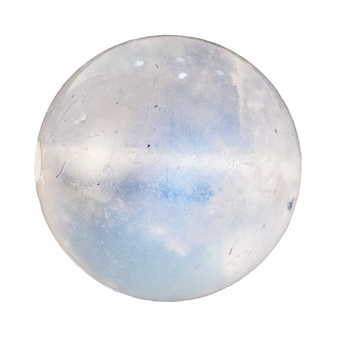 Luminous Blue Moonstone tumbled stone, exhibiting its characteristic adularescence and calming blue flash.