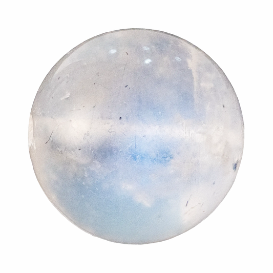 Luminous Blue Moonstone tumbled stone, exhibiting its characteristic adularescence and calming blue flash.