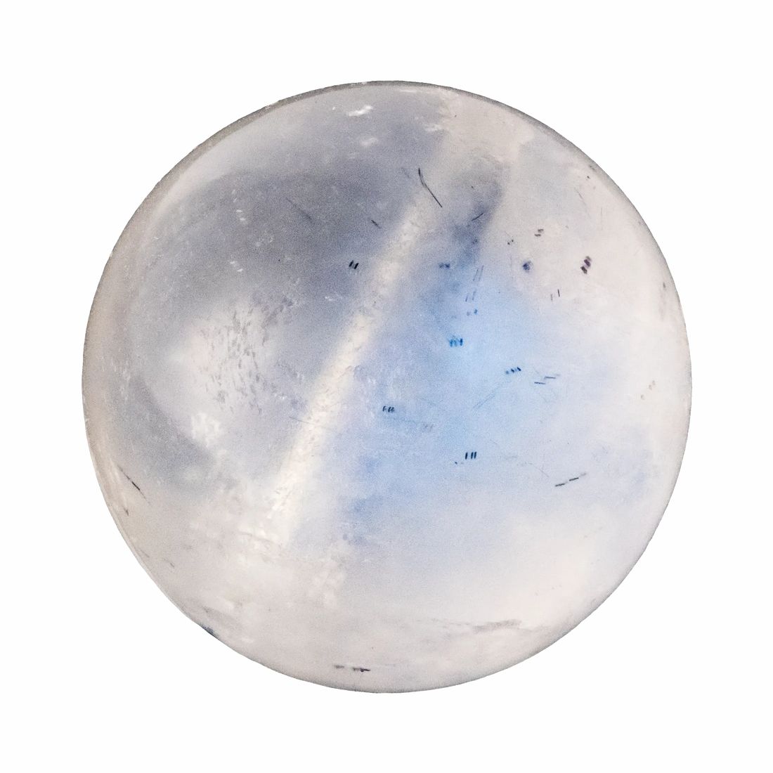 Smooth, polished Blue Moonstone with a captivating iridescent sheen, reflecting soft light.