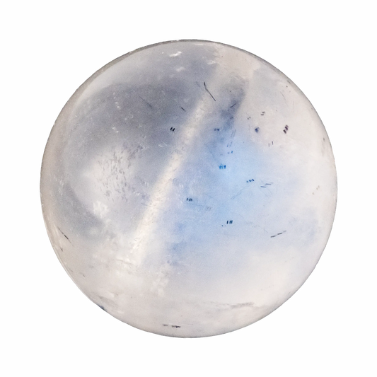 Smooth, polished Blue Moonstone with a captivating iridescent sheen, reflecting soft light.
