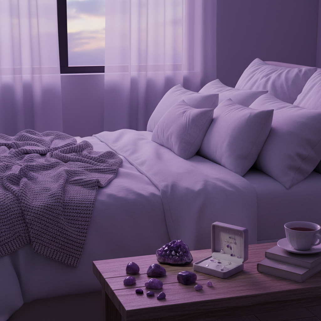 Amethyst crystals on a bedside table, symbolizing amethyst for sleep and protection in a peaceful bedroom.