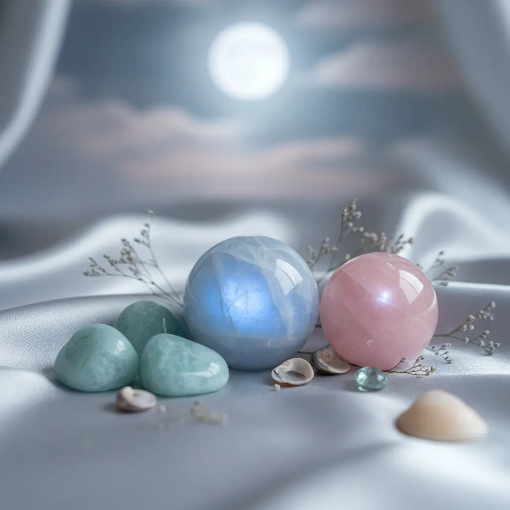 Three crystals for Cancer: Blue Moonstone, Aquamarine, and Star Rose Quartz, glowing softly.