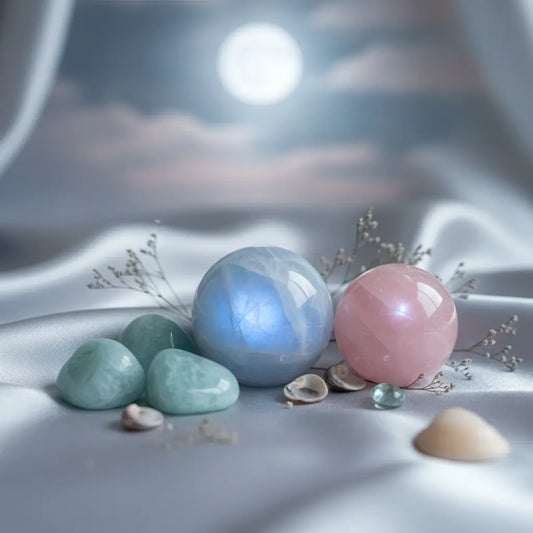 Three crystals for Cancer: Blue Moonstone, Aquamarine, and Star Rose Quartz, glowing softly.