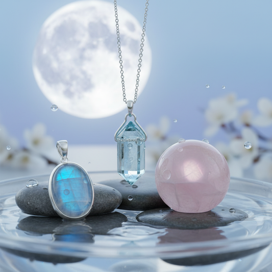 Three crystals: Blue Moonstone, Aquamarine, and Star Rose Quartz, symbolizing emotional balance for Cancer zodiac sign.