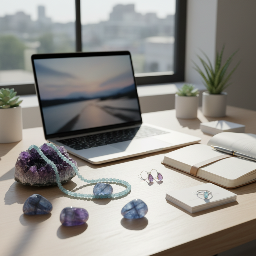 Collection of calming crystals on an office desk, symbolizing stress relief for work.