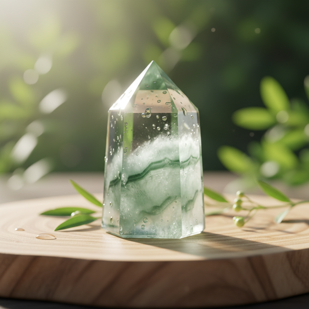 A stunning Green Phantom Quartz crystal displaying its unique internal "ghost" formations, symbolizing growth and new opportunities.