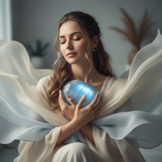Woman holding a blue moonstone, embodying feminine energy and inner peace.