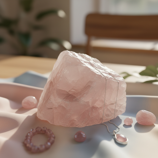 Raw rose quartz crystal symbolizing self-love and emotional healing.