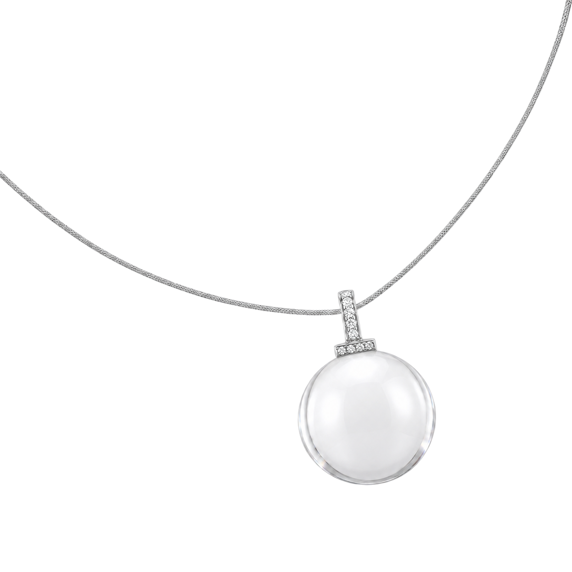 Clear quartz interchangeable pendant necklace, angled transparent close-up