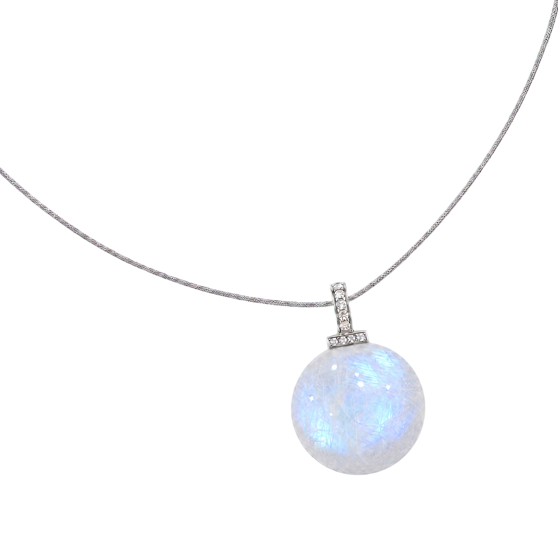 Blue Moonstone interchangeable pendant necklace, angled transparent pendant close-up
