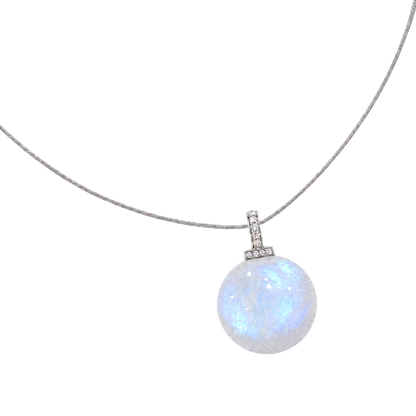 Blue Moonstone interchangeable pendant necklace, angled transparent pendant close-up