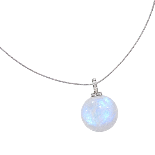 Blue Moonstone interchangeable pendant necklace, angled transparent pendant close-up