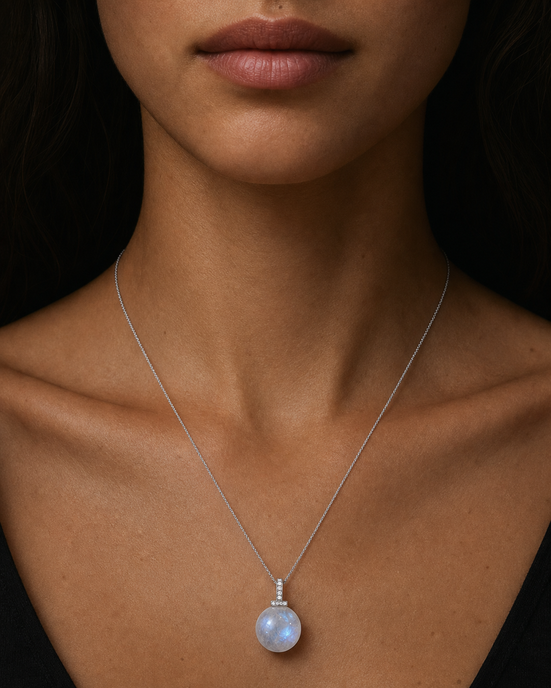 Blue Moonstone interchangeable pendant necklace, worn styling view