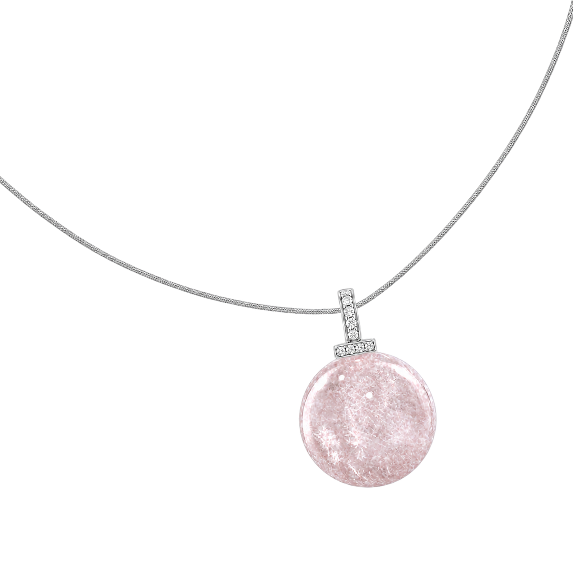 Snow Phantom Quartz interchangeable pendant necklace, angled transparent pendant close-up