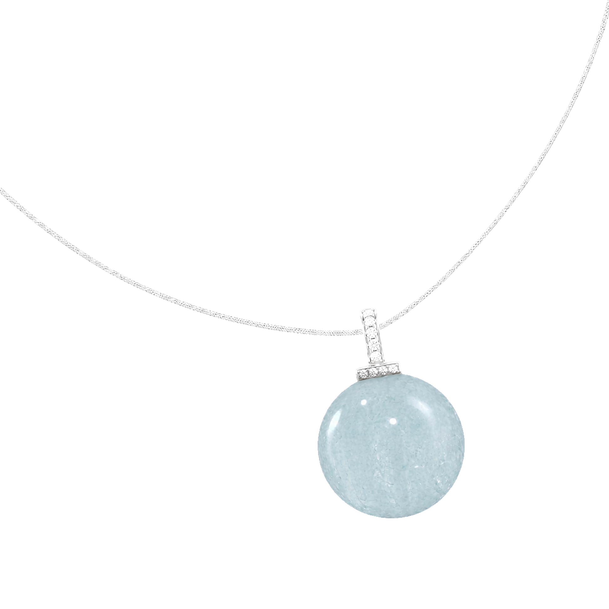 Aquamarine interchangeable pendant necklace, angled transparent pendant close-up