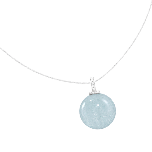 Aquamarine interchangeable pendant necklace, angled transparent pendant close-up