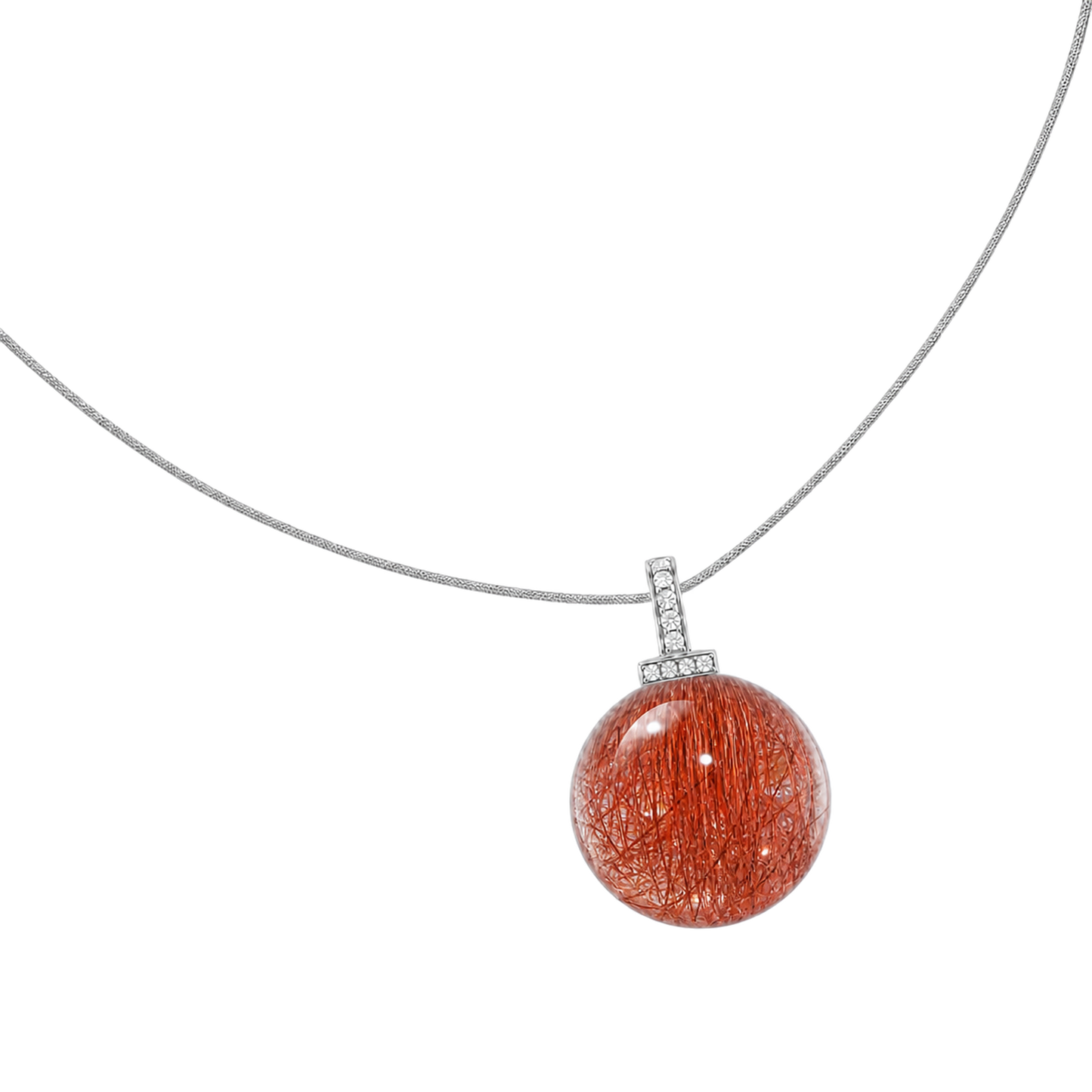 Red Rabbit Hair Quartz interchangeable pendant necklace, angled transparent pendant close-up