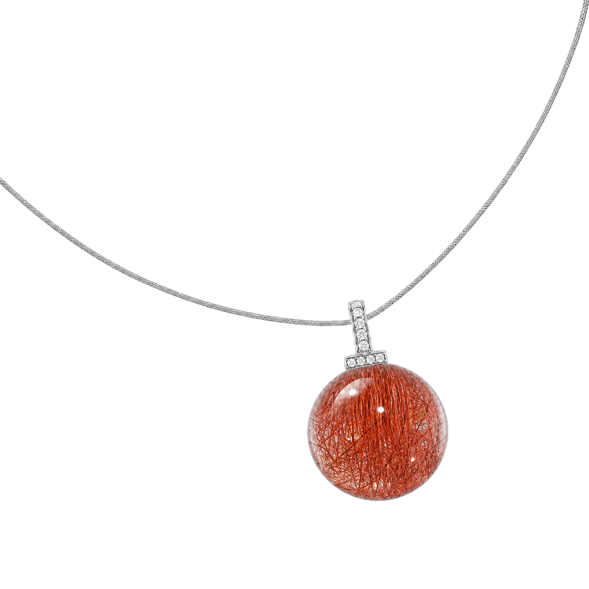 Red Rabbit Hair Quartz interchangeable pendant necklace, angled transparent pendant close-up