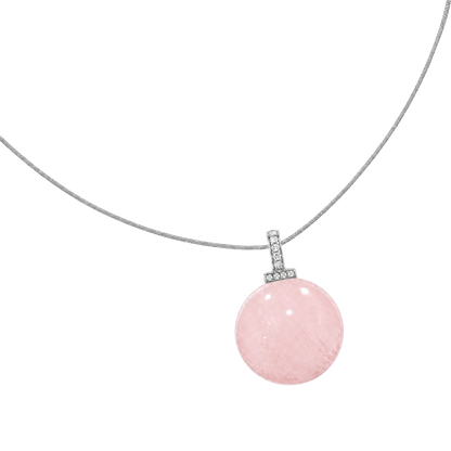 Rose Quartz interchangeable pendant necklace, angled transparent pendant close-up