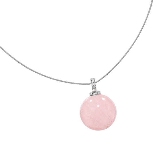 Rose Quartz interchangeable pendant necklace, angled transparent pendant close-up