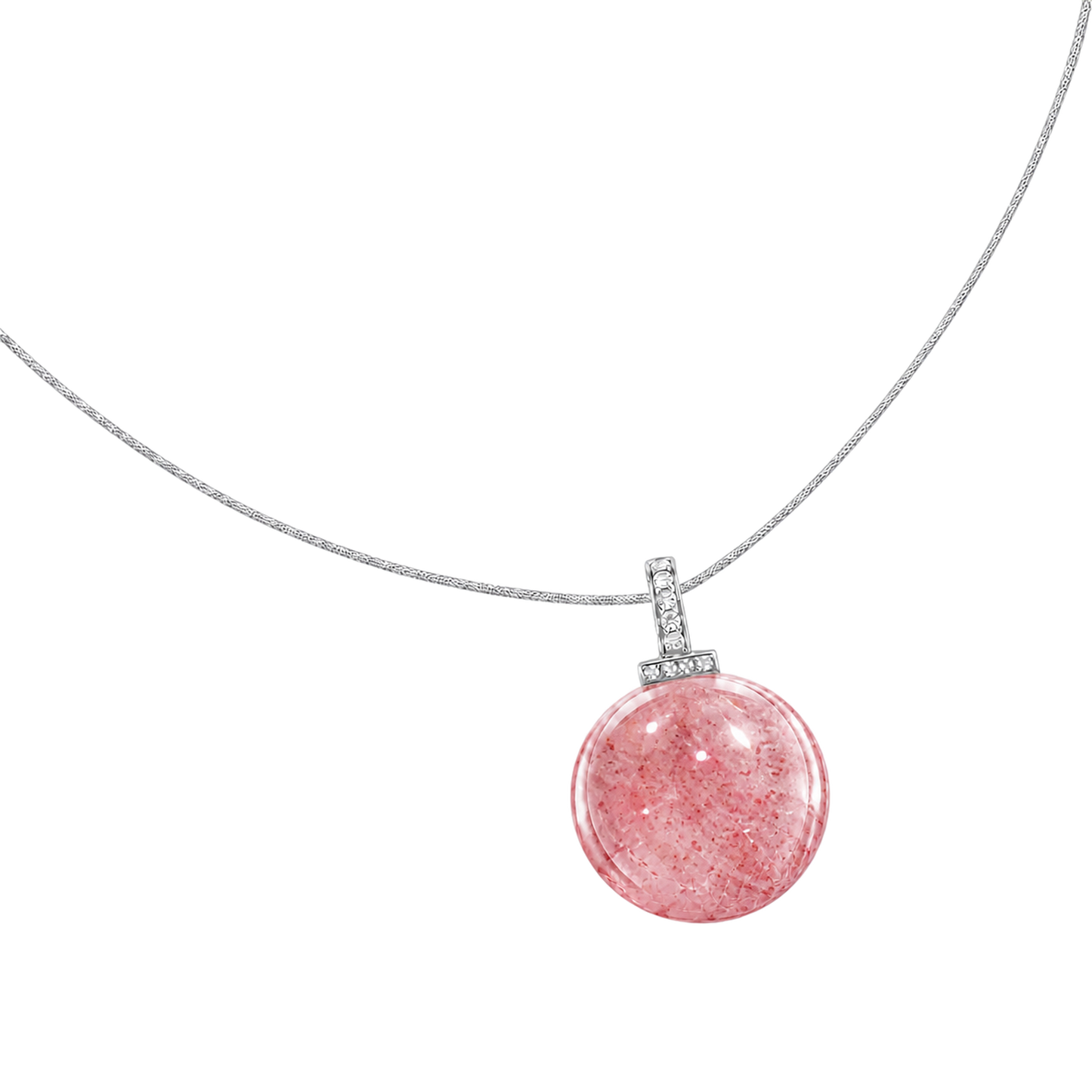 Strawberry Quartz interchangeable pendant necklace, angled transparent pendant close-up