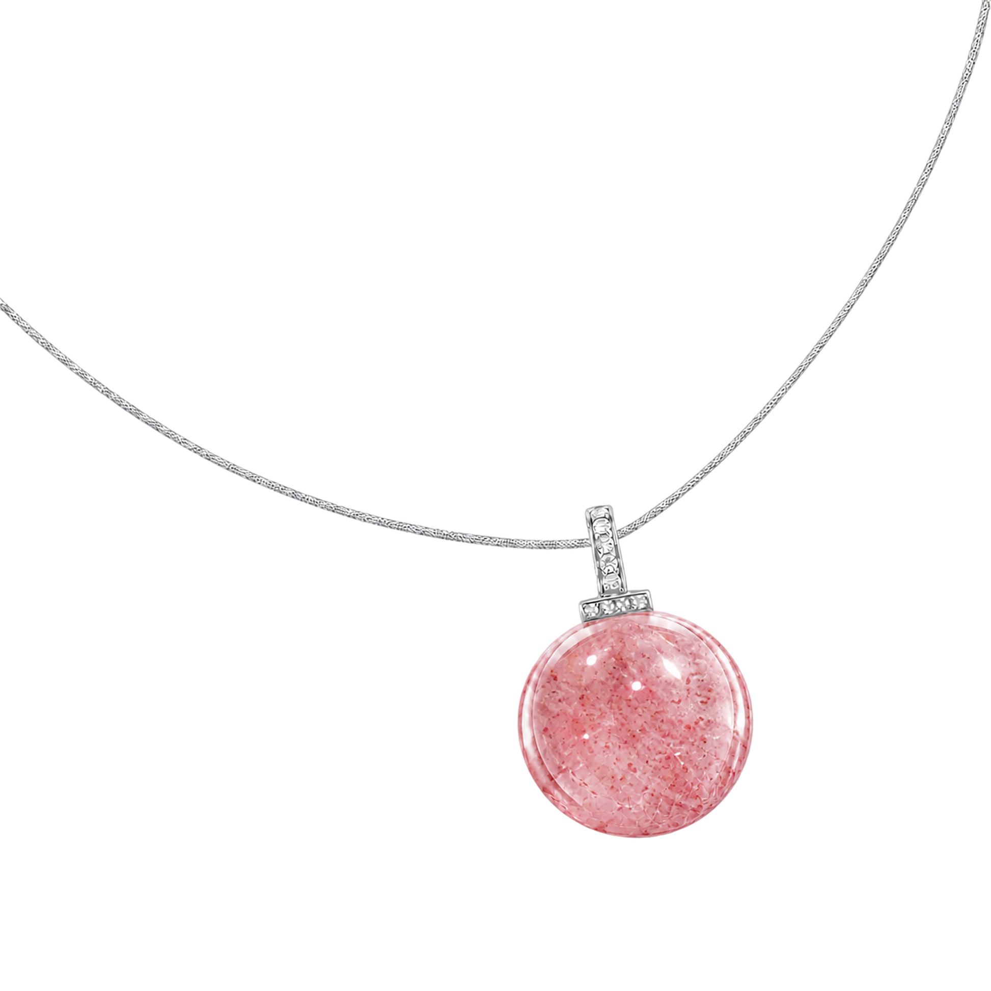 Strawberry Quartz interchangeable pendant necklace, angled transparent pendant close-up