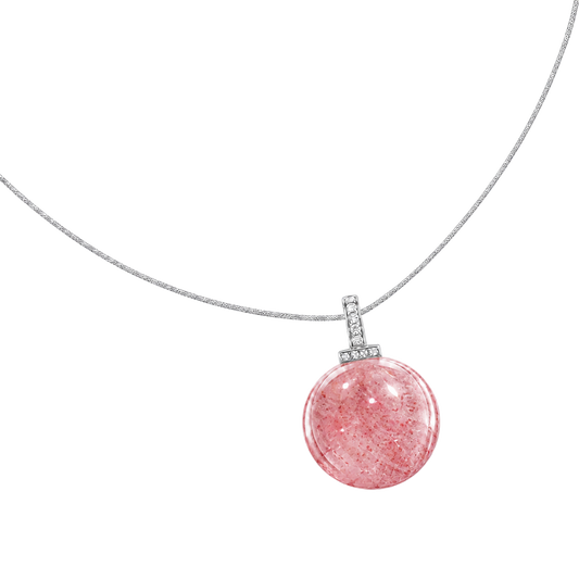 Strawberry Quartz interchangeable pendant necklace, angled transparent pendant close-up