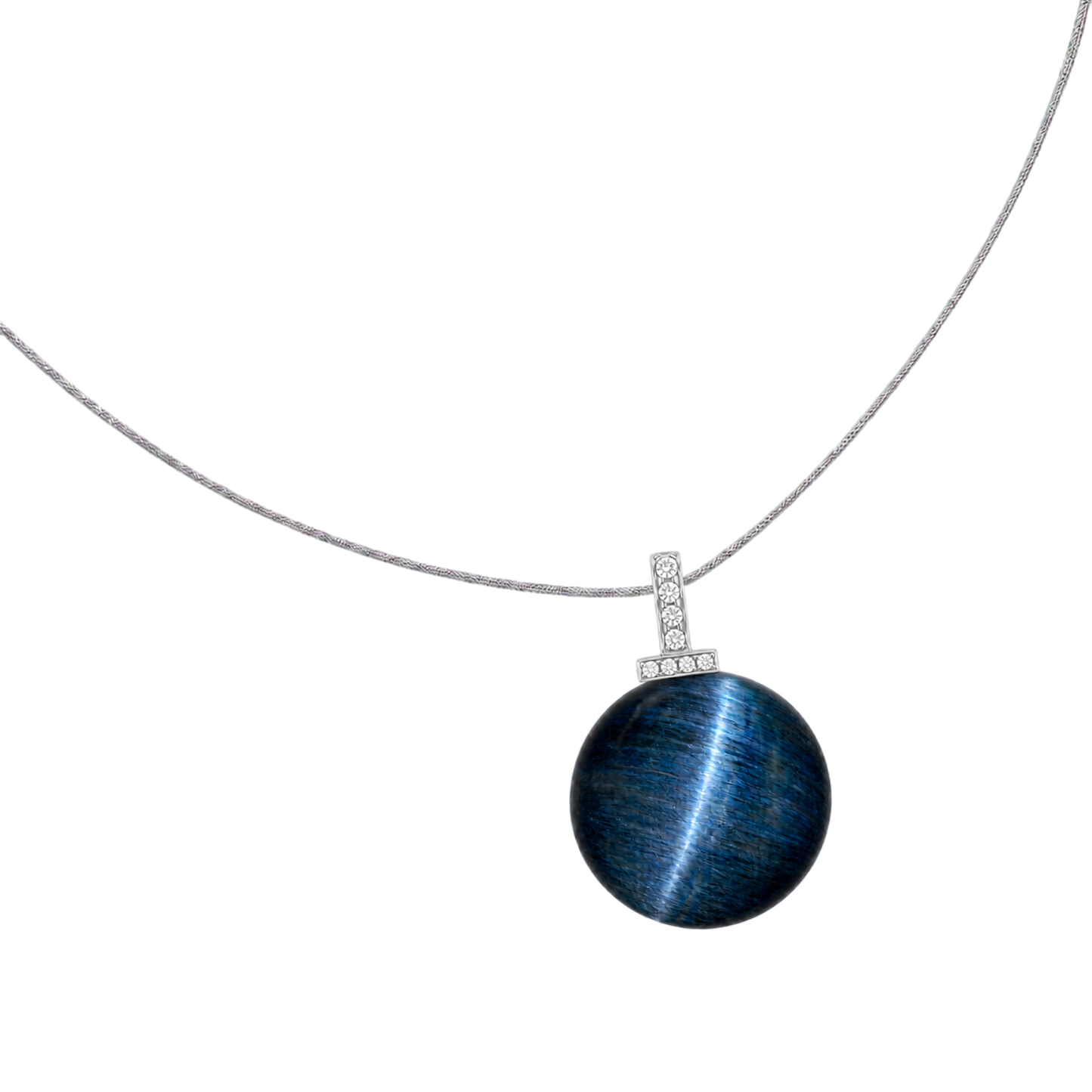 Blue Tiger’s Eye interchangeable pendant necklace, angled transparent pendant close-up