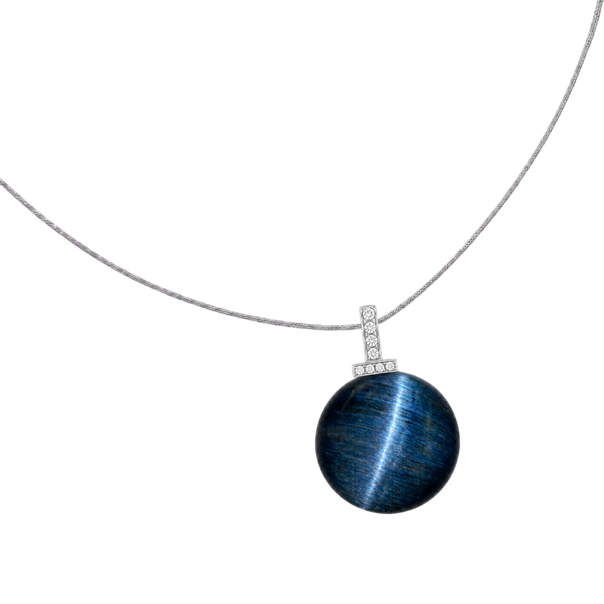 Blue Tiger’s Eye interchangeable pendant necklace, angled transparent pendant close-up