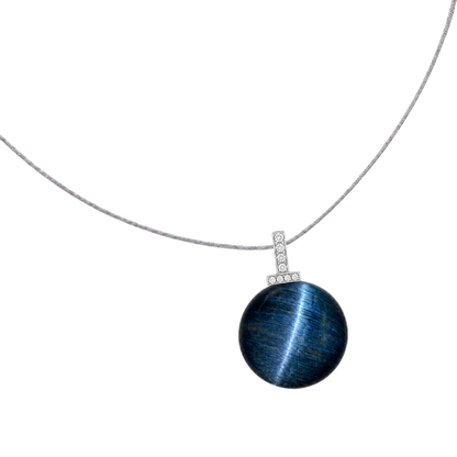 Blue Tiger’s Eye interchangeable pendant necklace, angled transparent pendant close-up