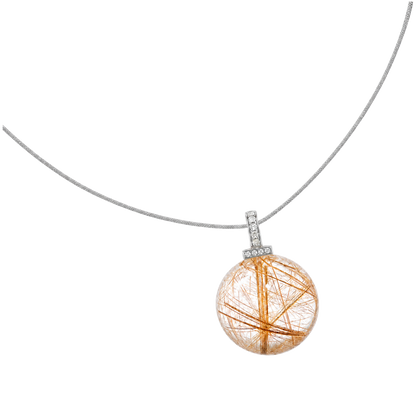 Golden Rutilated Quartz interchangeable pendant necklace, angled transparent pendant close-up