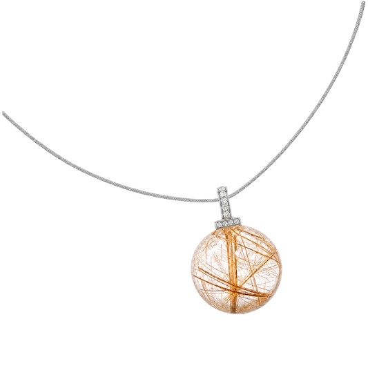 Golden Rutilated Quartz interchangeable pendant necklace, angled transparent pendant close-up