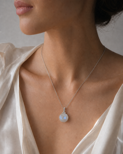 Blue Moonstone interchangeable pendant necklace, worn styling view