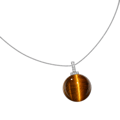 Yellow Tiger’s Eye interchangeable pendant necklace, angled transparent pendant close-up