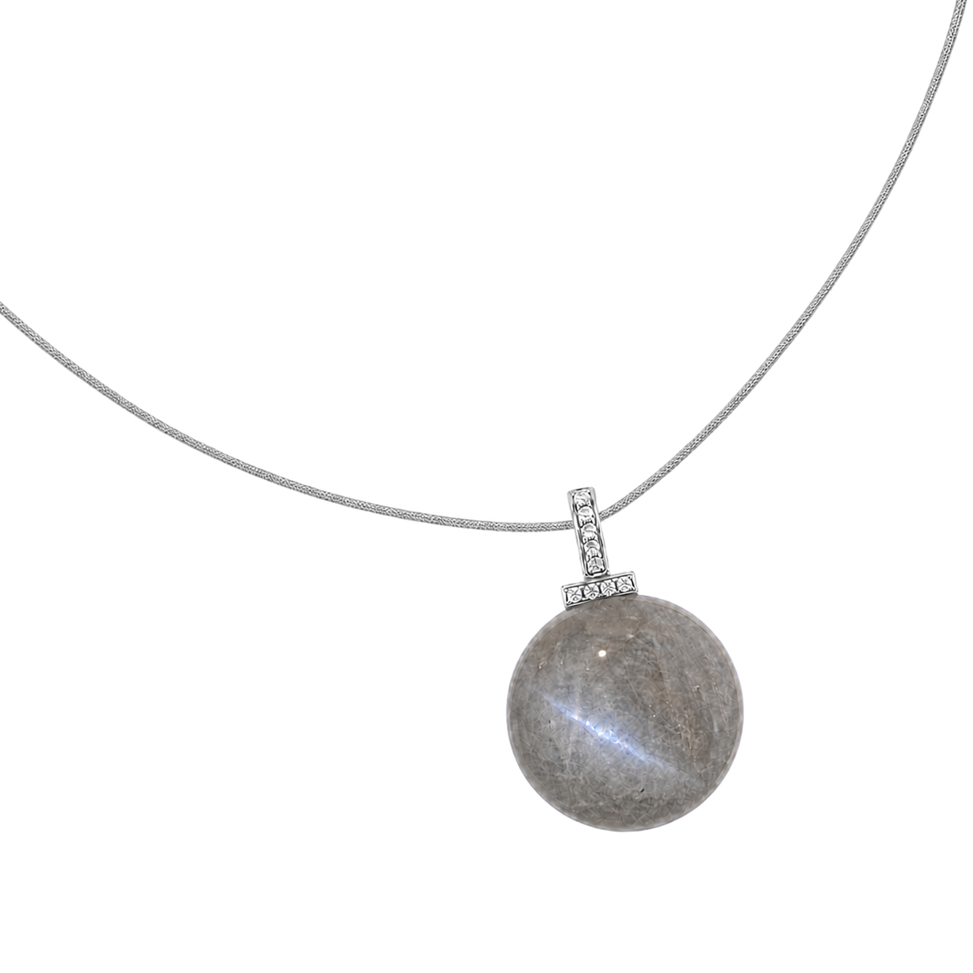 Gray Moonstone interchangeable pendant necklace, angled transparent pendant close-up