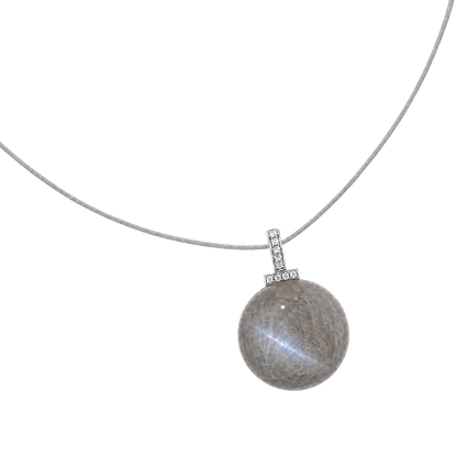 Gray Moonstone interchangeable pendant necklace, angled transparent pendant close-up