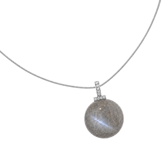 Gray Moonstone interchangeable pendant necklace, angled transparent pendant close-up