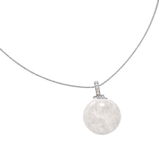 White Phantom Quartz interchangeable pendant necklace, angled transparent pendant close-up