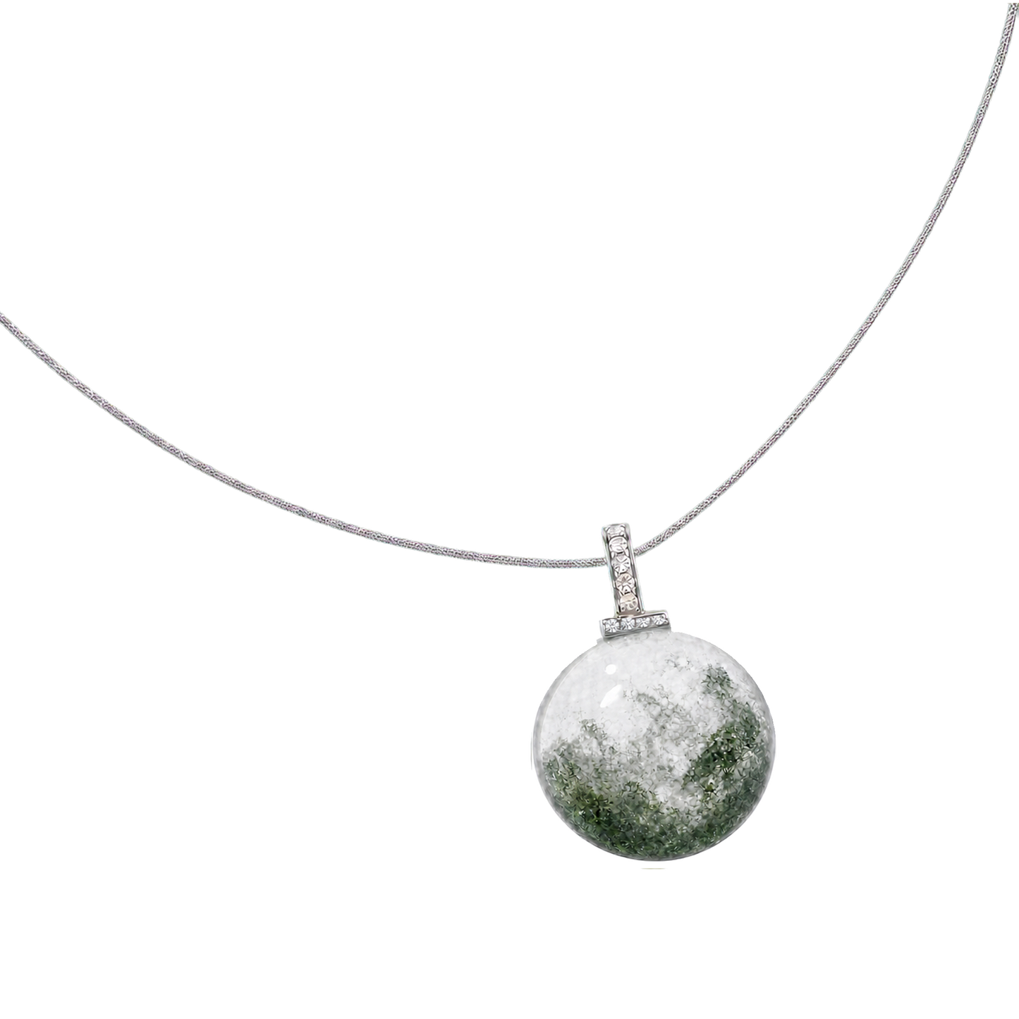 Green Phantom Quartz interchangeable pendant necklace, angled transparent pendant close-up