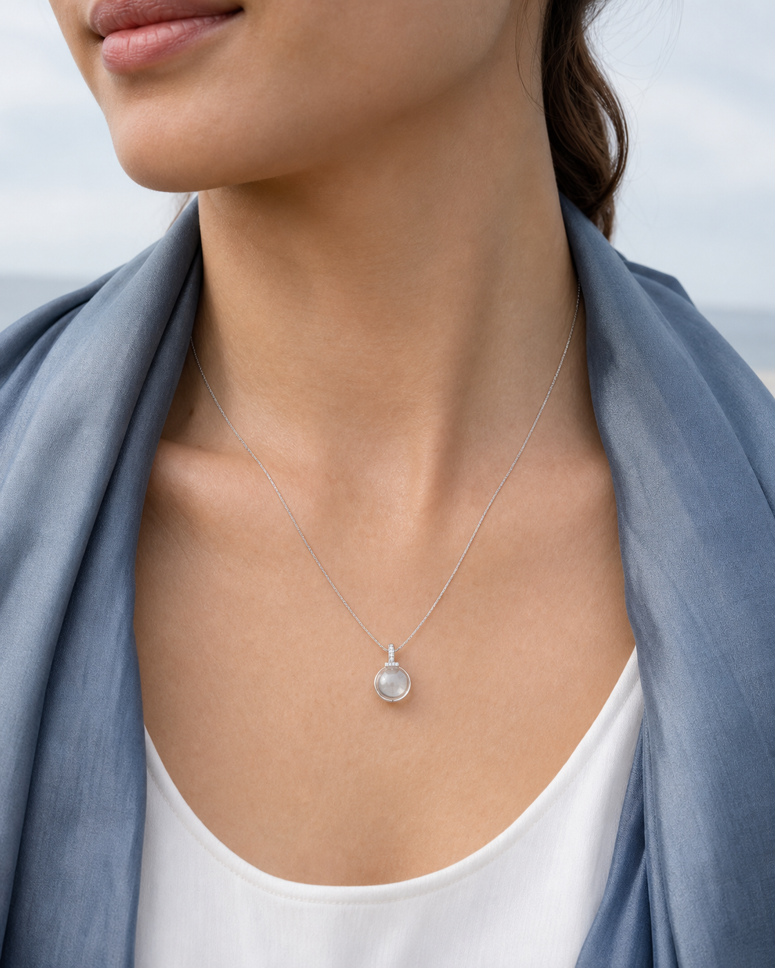 Clear quartz interchangeable pendant necklace styled with a gray-blue scarf