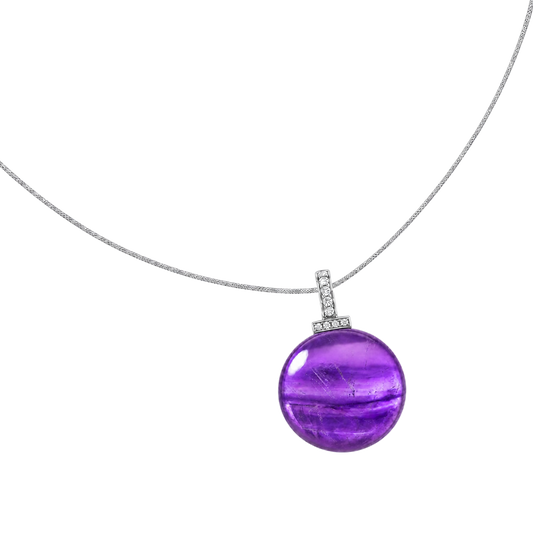 Amethyst interchangeable pendant necklace, angled transparent pendant close-up